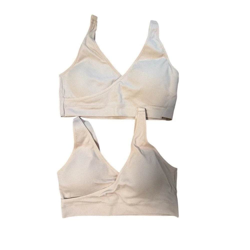 Quince Seamless Crossover Nursing & Lounge Bra (2-pack) Bralette M Beige ribbed